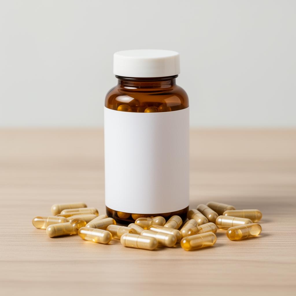 Biotin supplement bottle and capsules